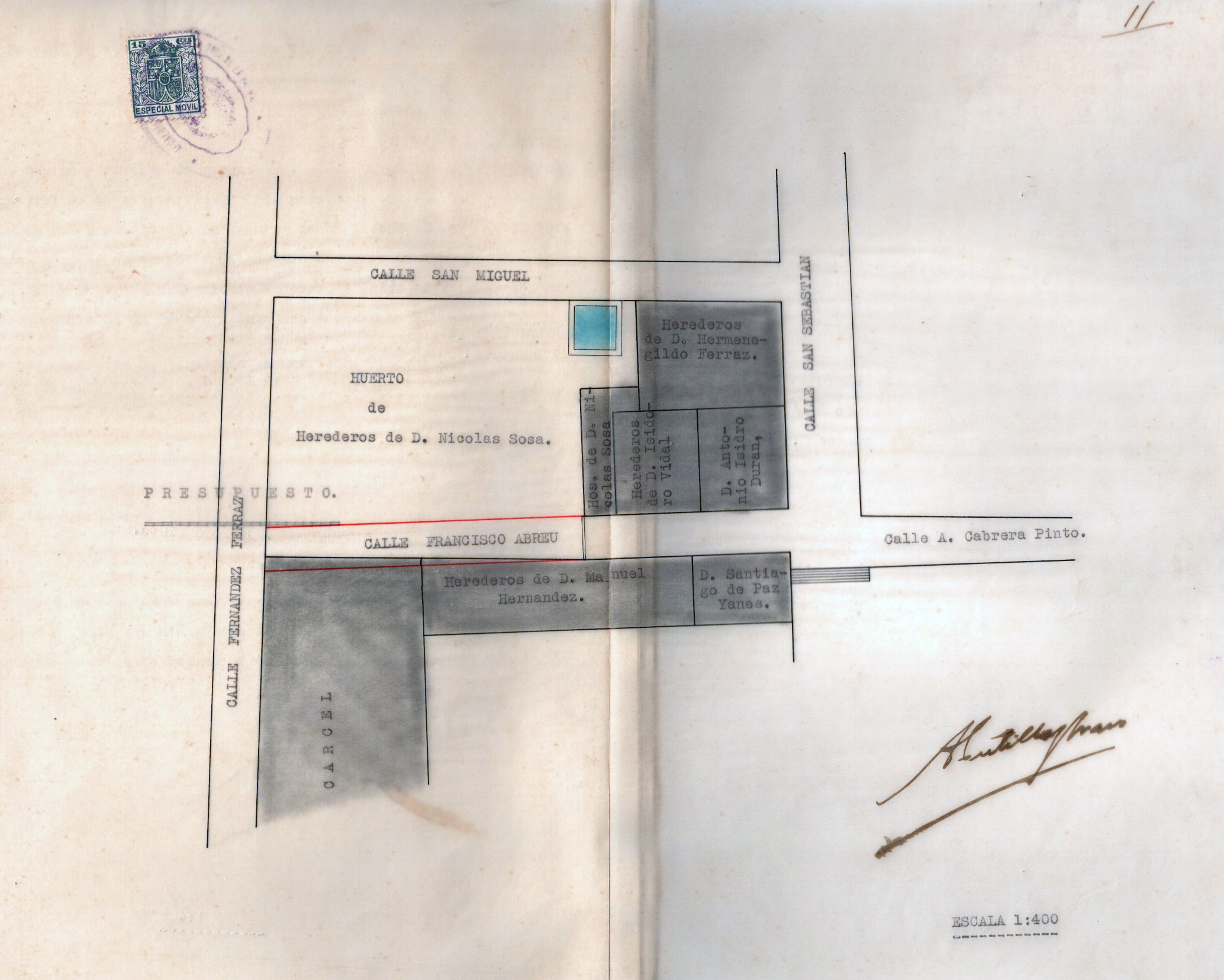 Plano de ejecución de las obras de apertura del tramo de prolongación de la calle Francisco Abreu, 1930 | Archivo Municipal de Santa Cruz de La Palma